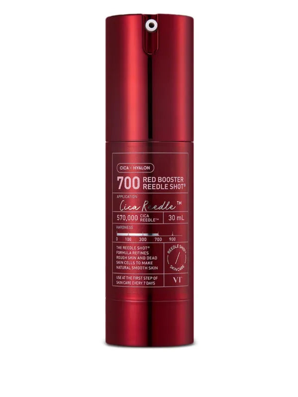 A 30 mL metallic red cosmetic spray bottle labeled '700 Red Booster Reedle Shot' by Cica