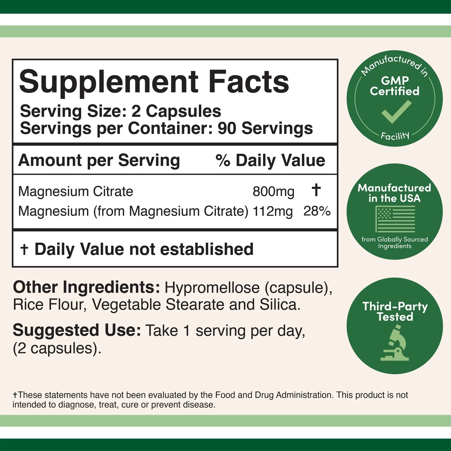 Supplement facts label with green certification logos on a beige background