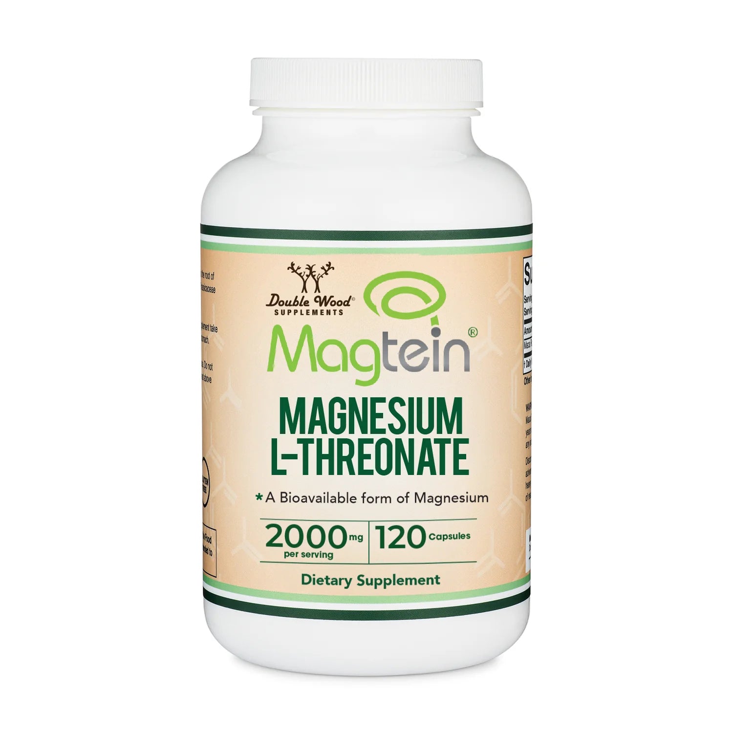 Supplement bottle labeled 'Magtein Magnesium L-Threonate' on a white background