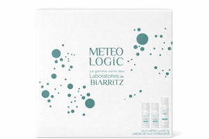 Meteo Logic skincare product set packaging with blue dots on a white background