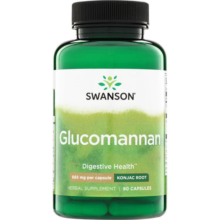 Swanson Glucomannan herbal supplement, 90 capsules, featuring a green translucent bottle, black cap, and a white label with green gradient.