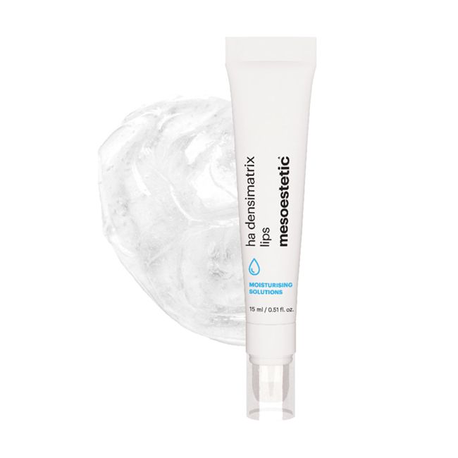 Mesoestetic lip treatment product with a white background