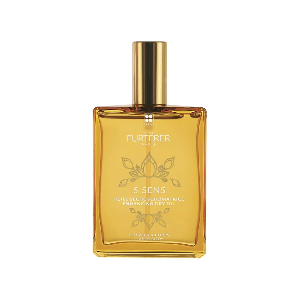 A rectangular glass bottle of Furterer 5 Sens Enhancing Dry Oil with a metallic gold cap, shown against a plain white background.
