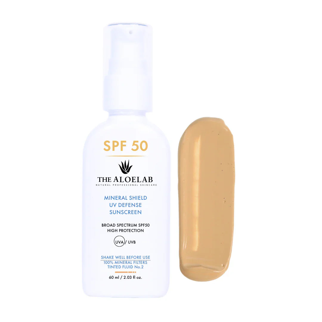 SPF 50 MINERAL SHIELD UV DEFENSE SUNSCREEN - TINT NO.2 by The Aloe Lab, skincare product