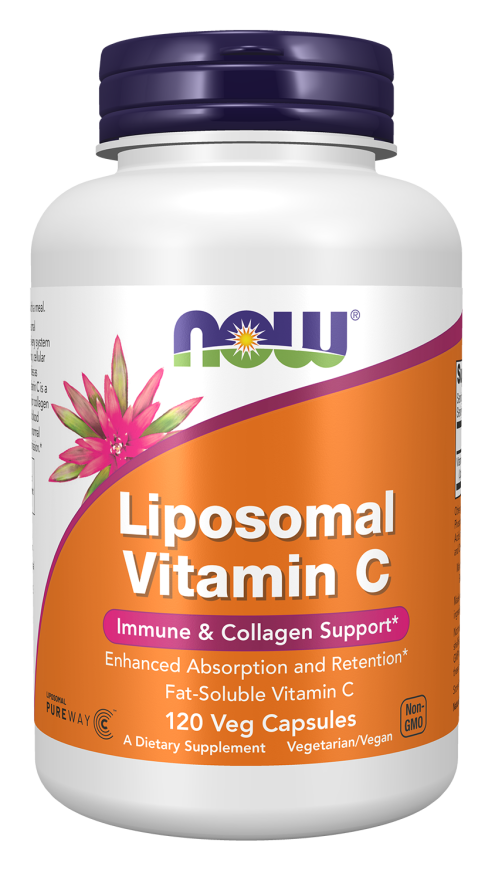 Supplement bottle of Liposomal Vitamin C with Now brand on a white background