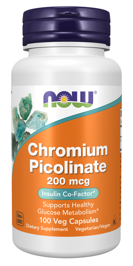 Supplement bottle labeled 'Chromium Picolinate 200 mcg' by NOW on a white background