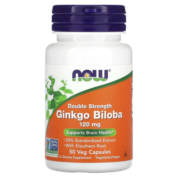 Supplement bottle of Double Strength Ginkgo Biloba 120 mg with Now brand on a white background
