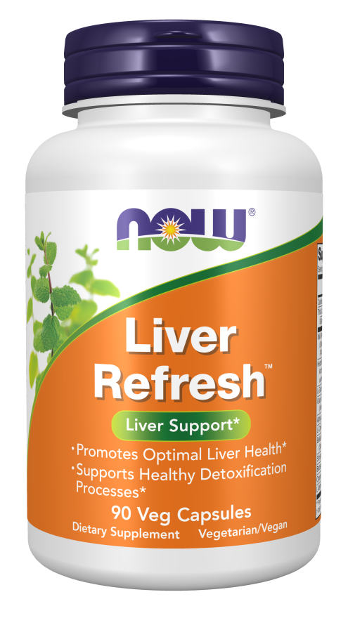 Supplement bottle labeled 'Liver Refresh' with Now brand on a white background