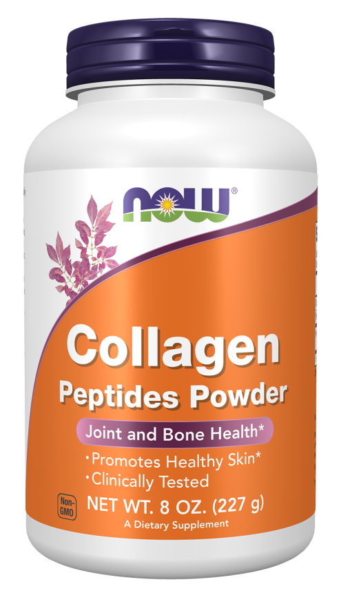 Collagen peptides powder supplement bottle with NOW brand on a white background