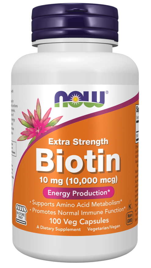Bottle of Now Extra Strength Biotin supplement on a white background