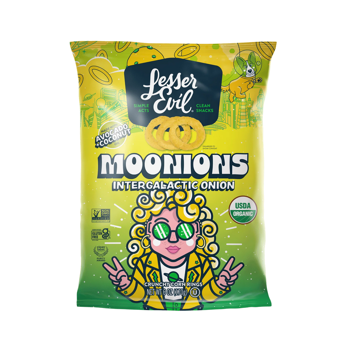 Lesser Evil Moonions Intergalactic Onion snack chips, featuring a bright yellow and green packaging design with a cartoon character and the product name 'Moonions'.