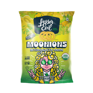Lesser Evil Moonions Intergalactic Onion snack chips, featuring a bright yellow and green packaging design with a cartoon character and the product name 'Moonions'.
