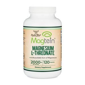 Supplement bottle labeled 'Magtein Magnesium L-Threonate' on a white background