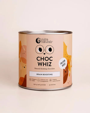 A cylindrical metal tin of Nutra Naturals Choc Whiz Brain Boosting powder, featuring a warm peach and orange label with cartoon eyes and chocolate chip illustrations, set against a solid cream background.