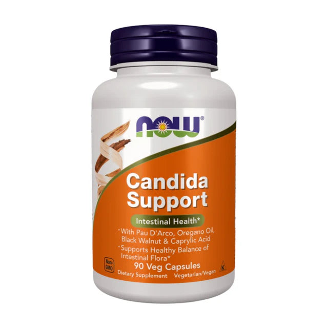 Supplement bottle labeled 'Candida Support' by NOW on a white background