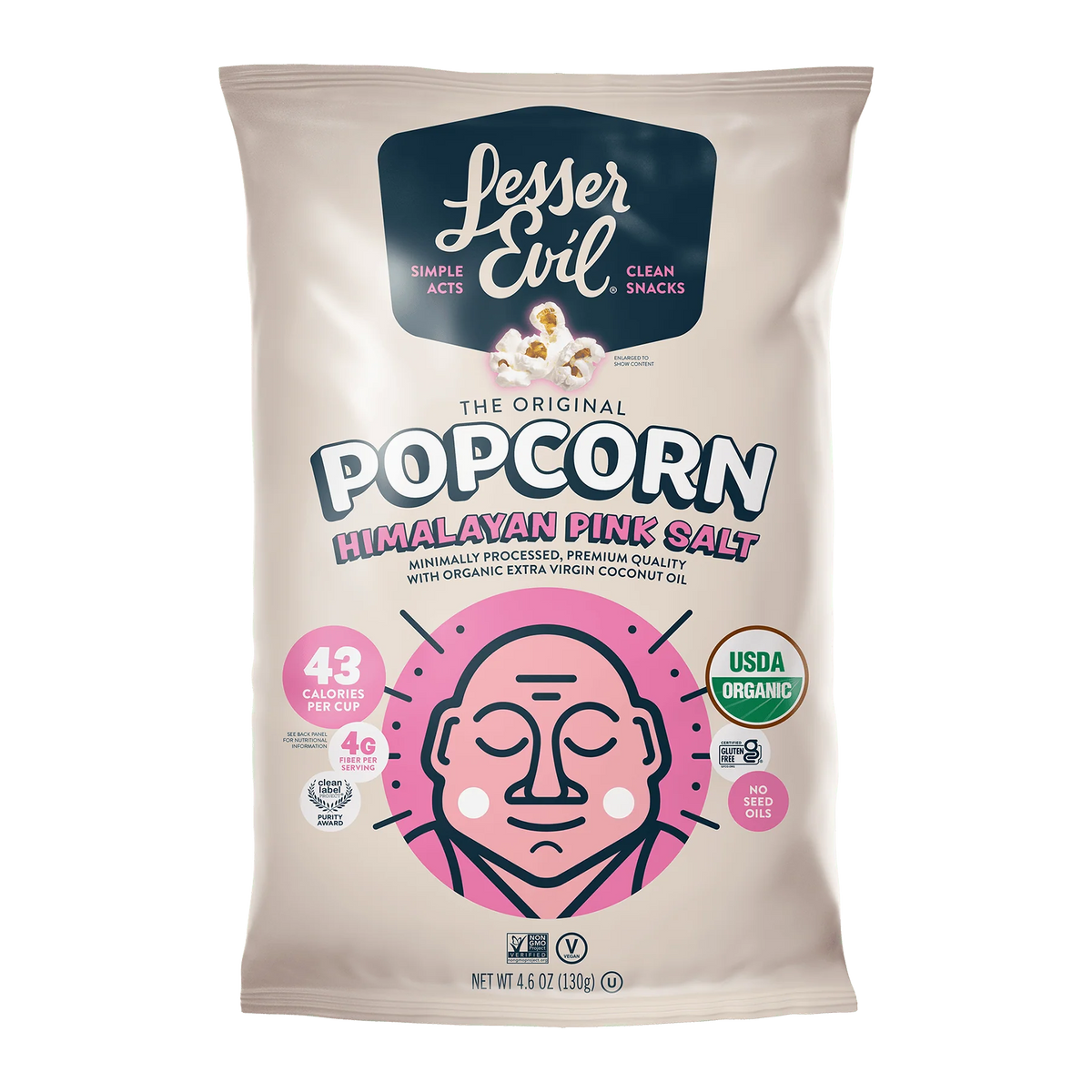 Lesser Evil The Original Popcorn Himalayan Pink Salt, featuring a cream-colored packaging with a pink and black graphic of a face, and product details on a white background.