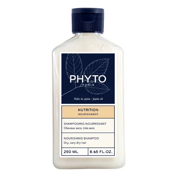A 250 ml bottle of Phyto Paris Nourishing Shampoo for dry, very dry hair, featuring a white bottle, dark navy blue cap and label, and a beige accent block on the label.