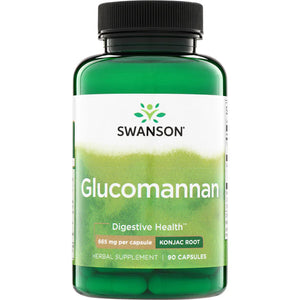 Swanson Glucomannan herbal supplement, 90 capsules, featuring a green translucent bottle, black cap, and a white label with green gradient.