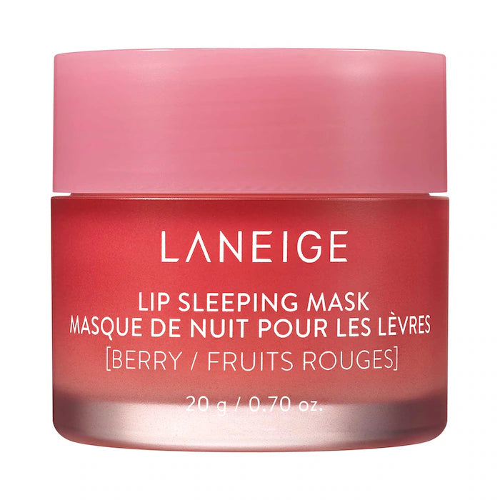 Laneige lip sleeping mask jar with pink lid and body on a white background