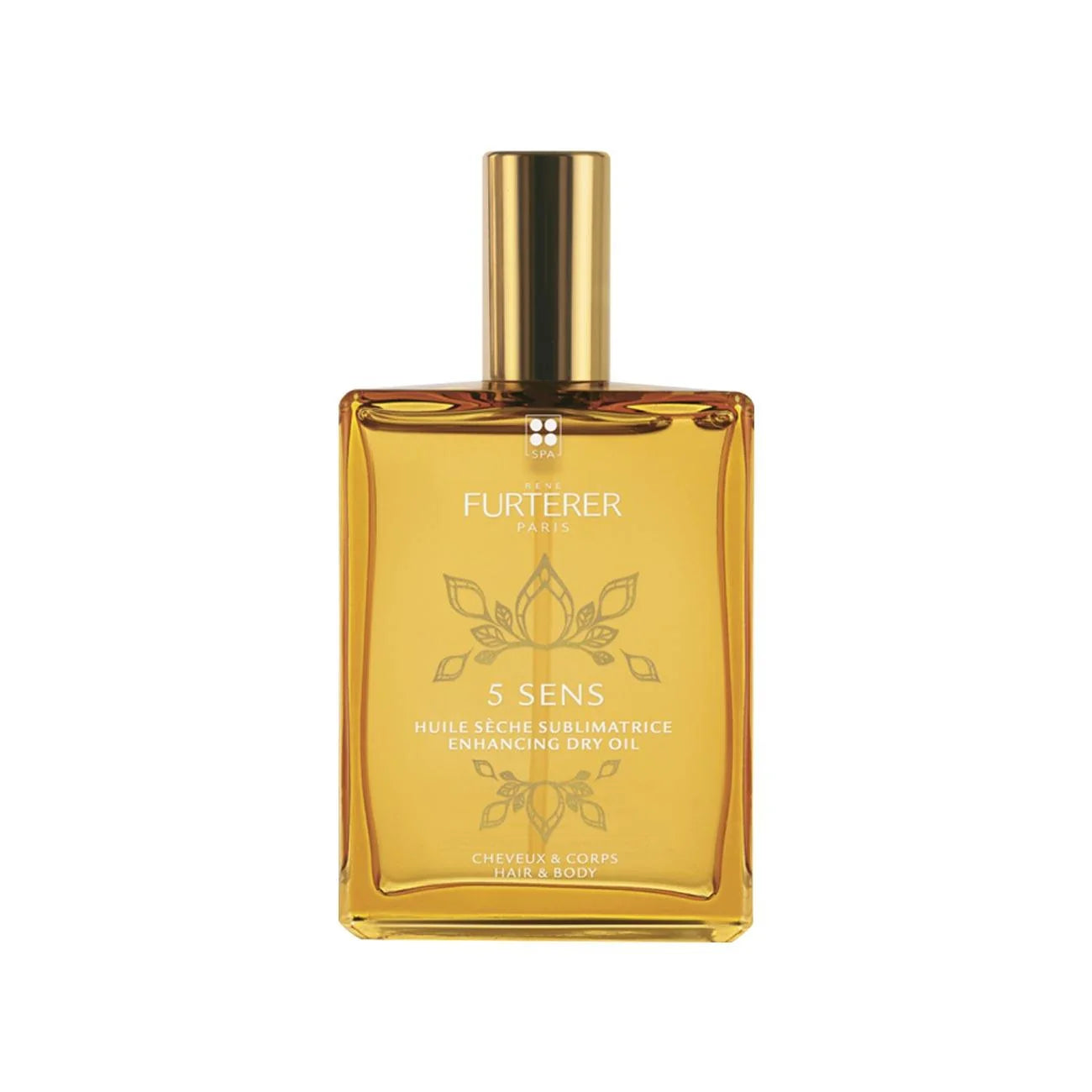 A rectangular glass bottle of Furterer 5 Sens Enhancing Dry Oil with a metallic gold cap, shown against a plain white background.