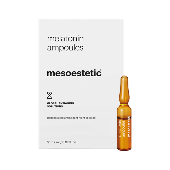 Mesoestetic melatonin ampoules packaging with a single ampoule on a white background