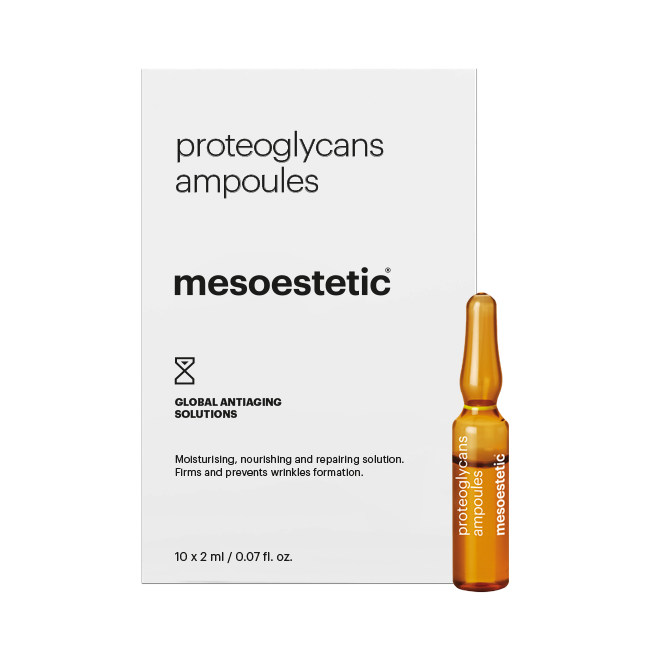 Mesoestetic proteoglycans ampoules packaging on a white background