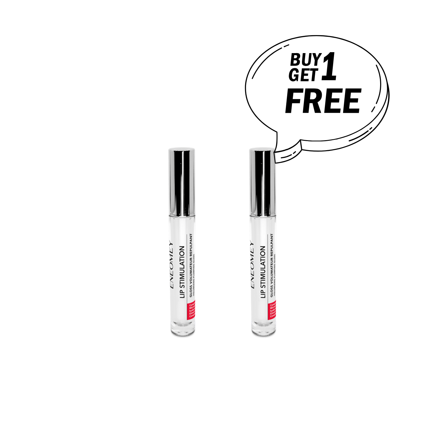 Two lip stimulation products with a 'buy 1 get 1 free' speech bubble on a white background.